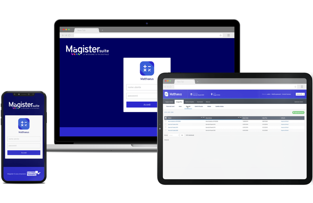 Schermate di Matthaeus in un PC portatile, in un tablet e in uno smartphone