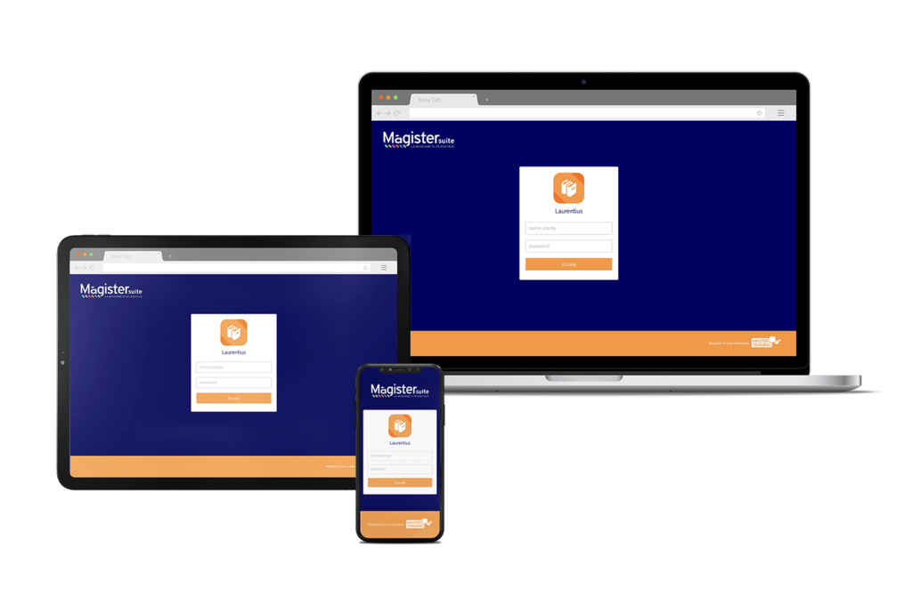 Schermate di Laurenius in un computer portatile, in un tablet e in uno smartphone