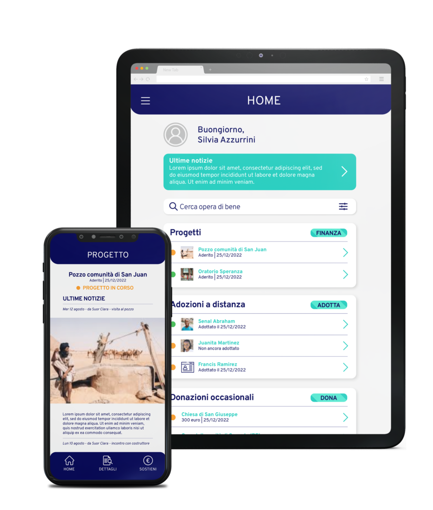 DONUM-01 Schermate della app Donum in un tablet e in uno smartphone